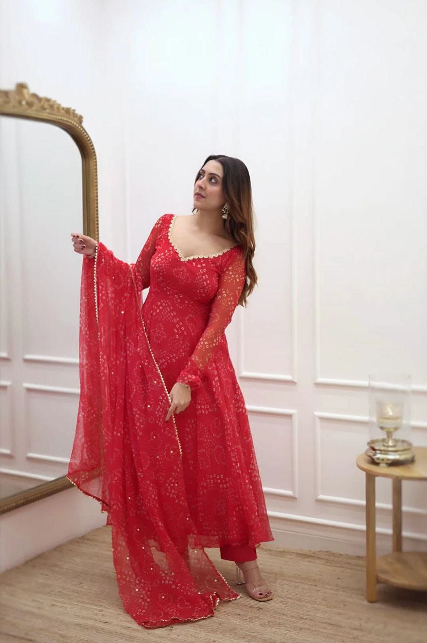 Women'S Red Bandhani Styles Gown Discover Your Perfect Style.