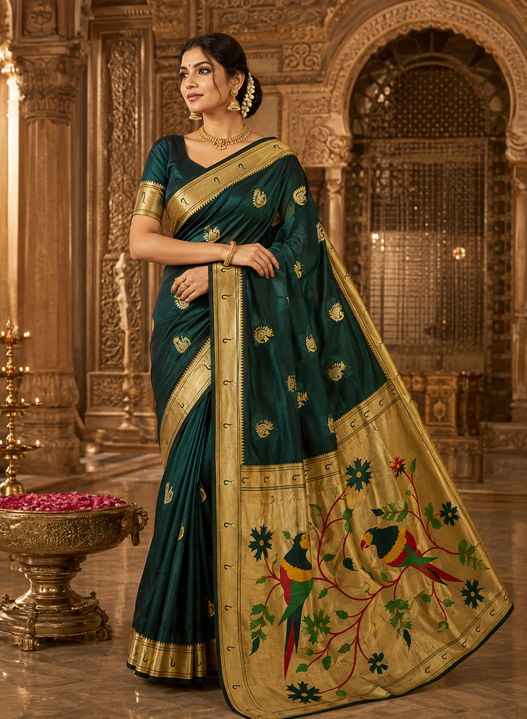 Jacquard Saree With Blouse For Women (Green, 6.3M)