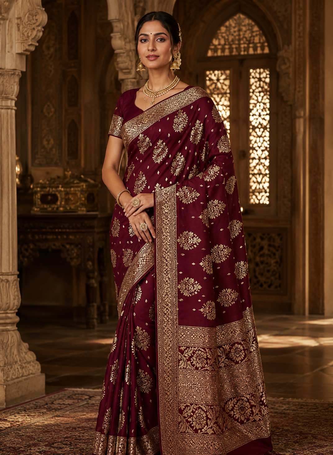 Banarasi Silk Saree With Blouse For Women (Dark Red, 6.3M)