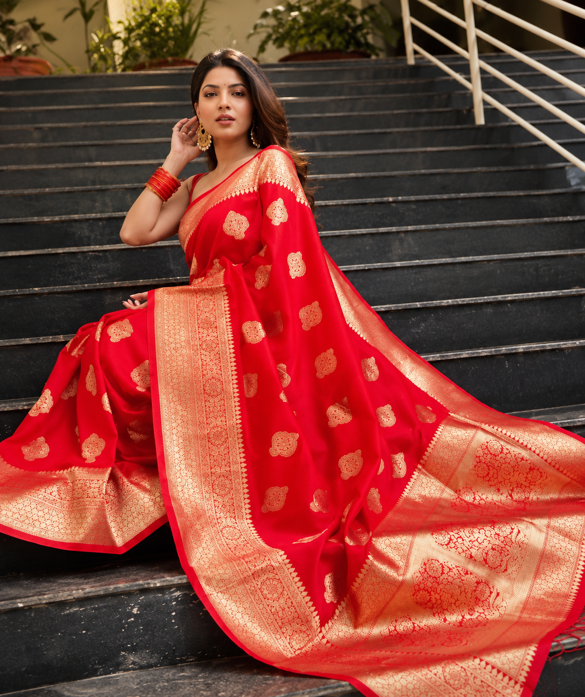 Jacquard Printed Saree for Women (Red, 6.3 m)
