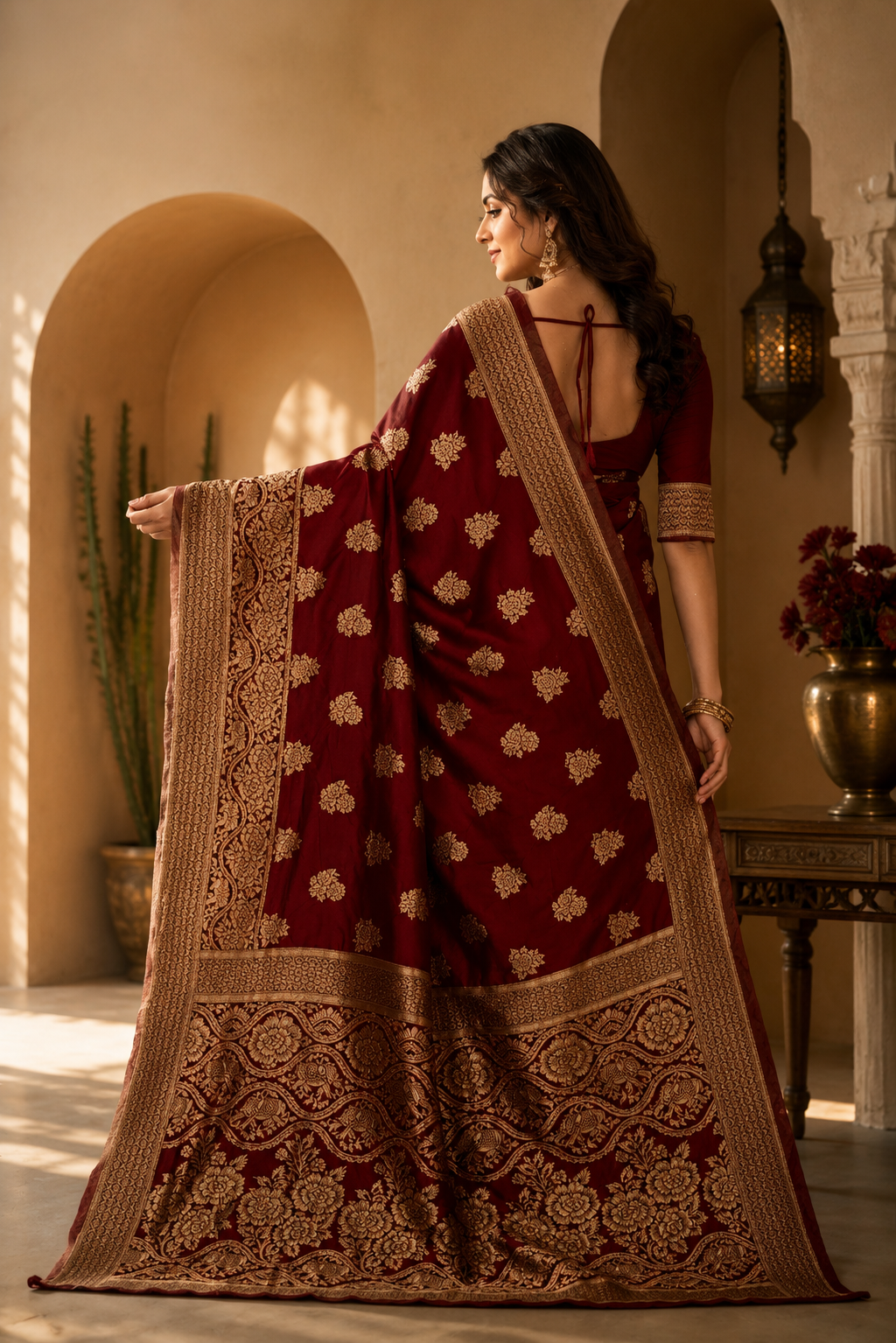 Banarasi Silk Saree With Blouse For Women (Red, 6.3M)