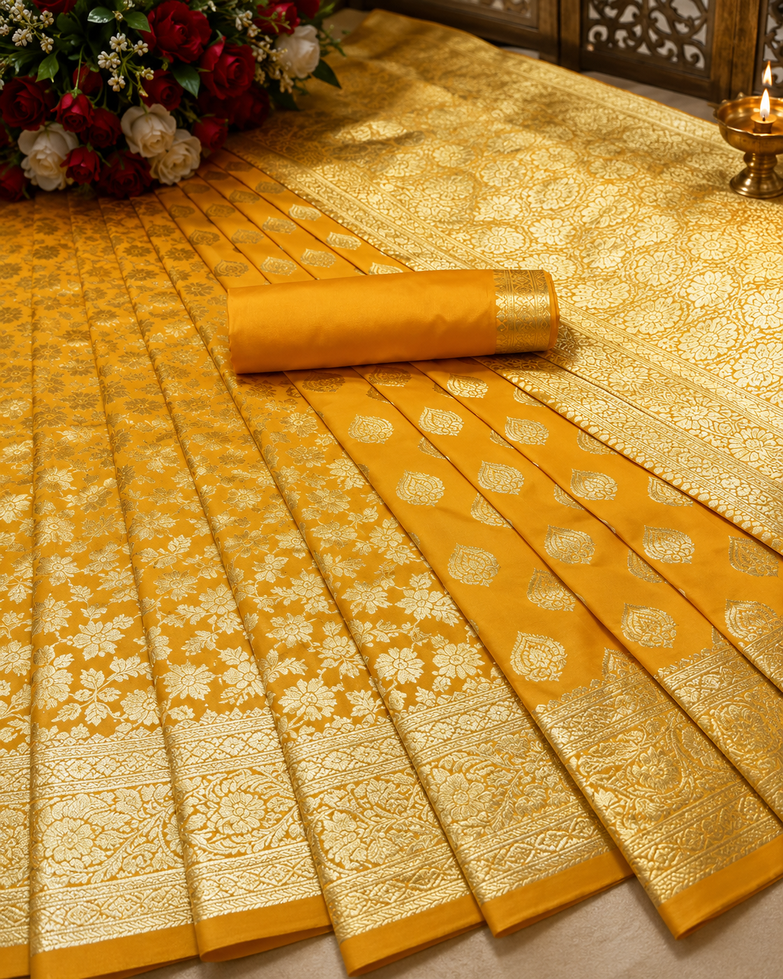 Banarasi Silk Saree With Blouse For Women (Yellow, 6.3M)