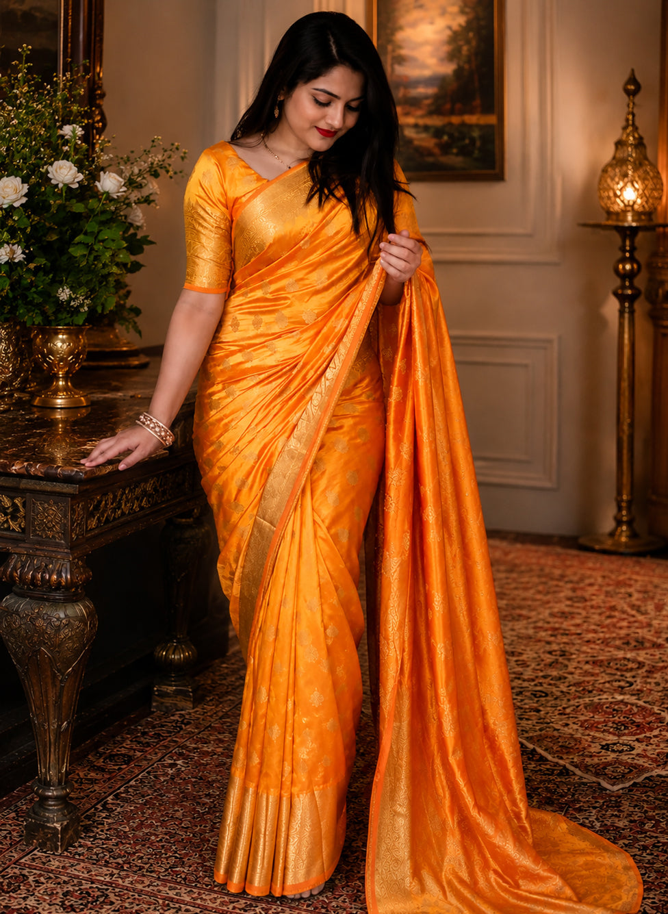 Orange Banarasi Silk Saree