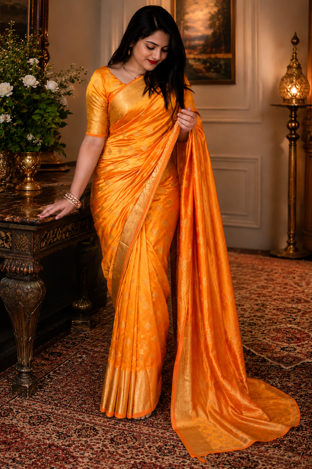 Banarasi Silk Saree With Blouse For Women (Orange, 6.3M)