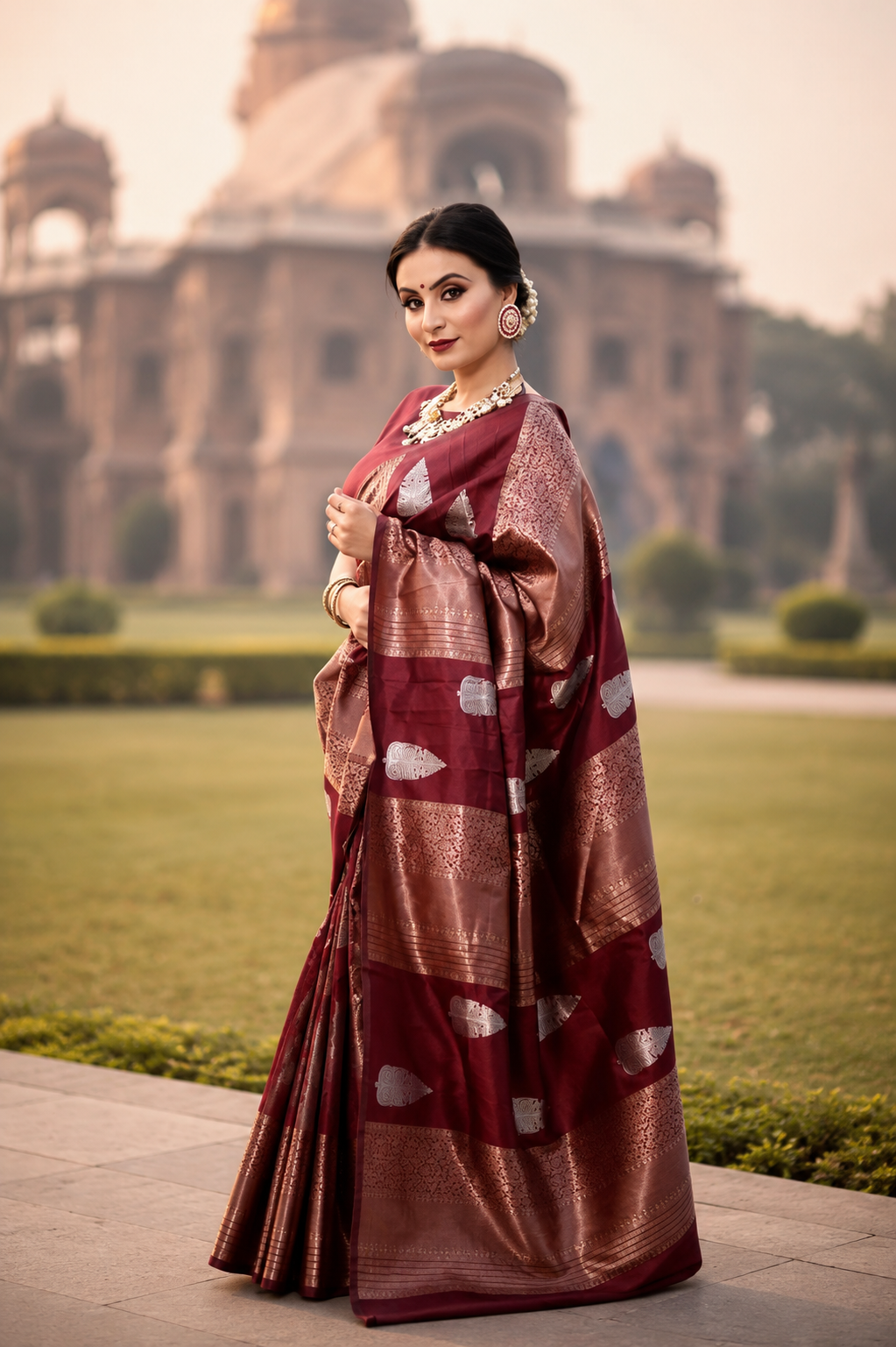 Art Silk Saree With Blouse For Women (Dark Red, 6.3M)