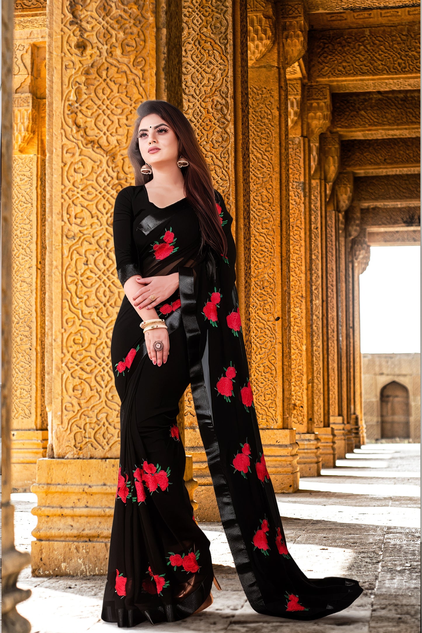 Georgette Embroidered Saree for Women (Black, 6.3 m)
