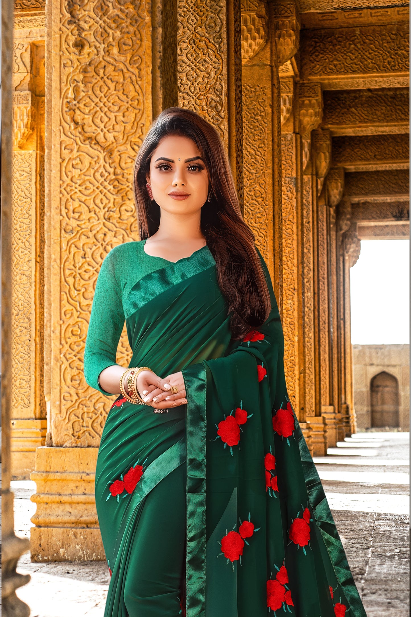Georgette Embroidered Saree for Women (Bottle Green, 6.3 m)
