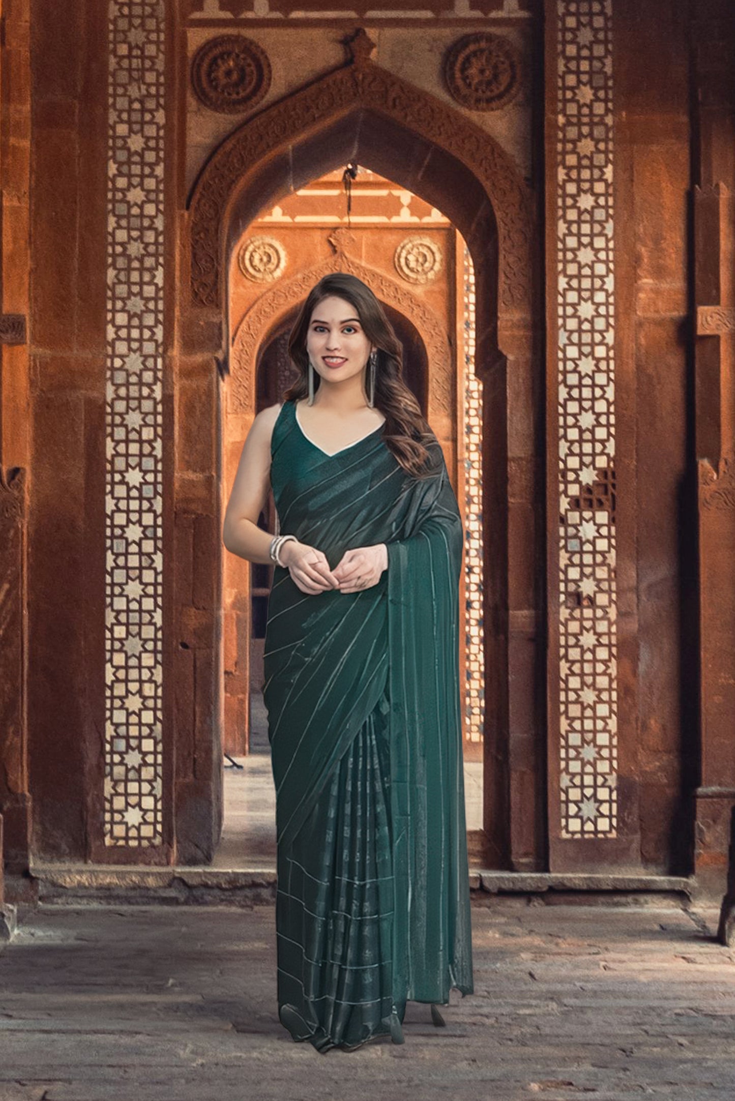 Georgette Striped Saree for Women (Bottle Green, 6.3 m)