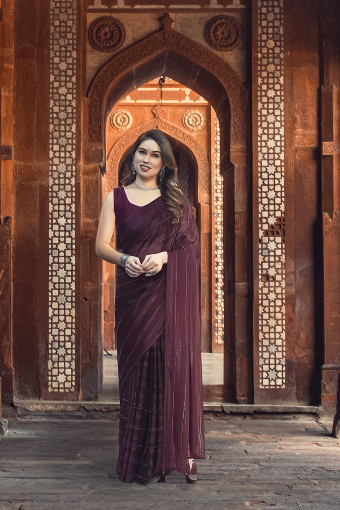 Georgette Striped Saree for Women (Wine, 6.3 m)