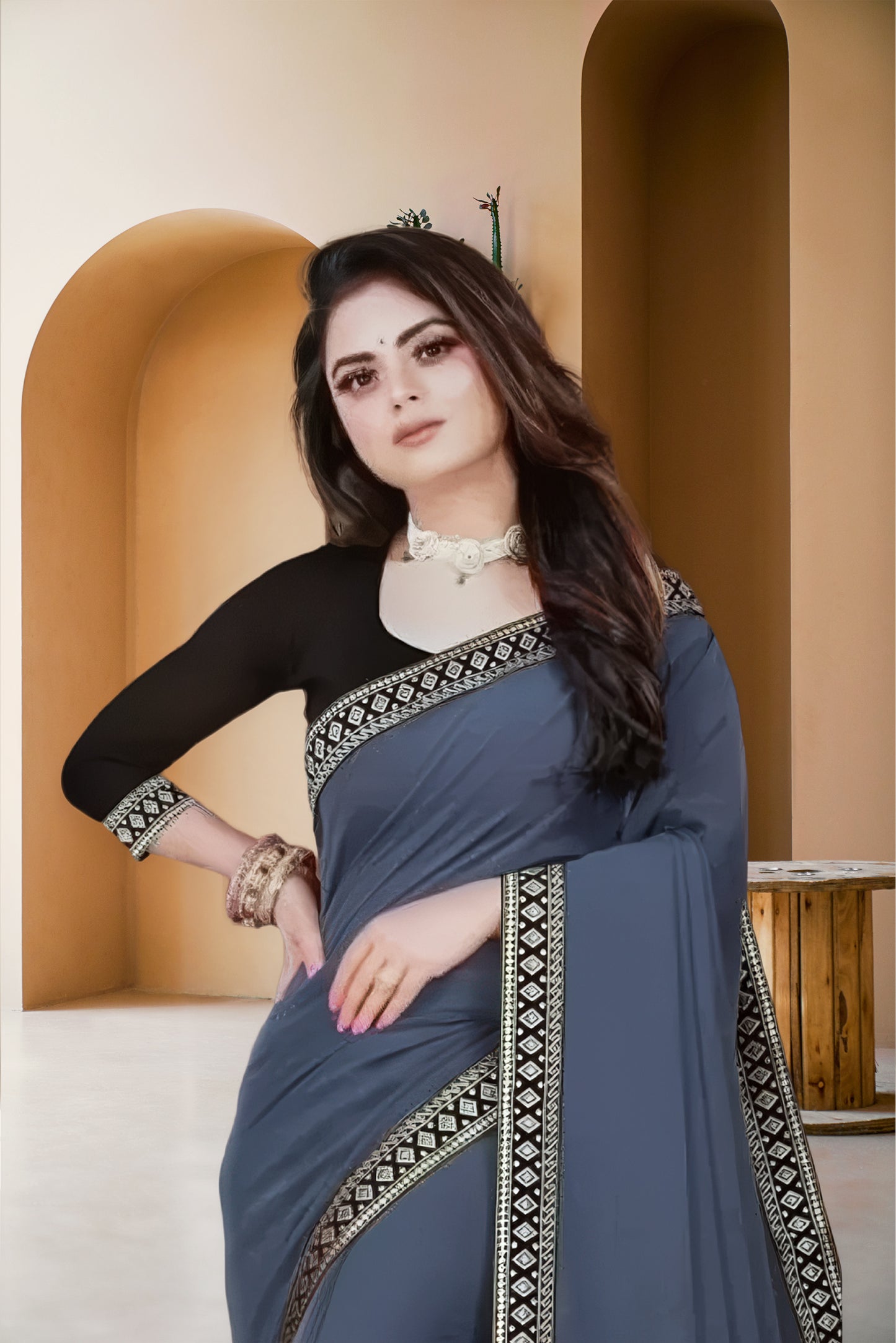 Lycra Blend Solid Saree for Women (Grey, 6.3 m)