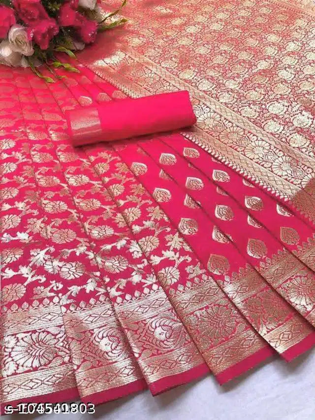 Banarasi Silk Saree With Blouse For Women (Pink, 6.3M)