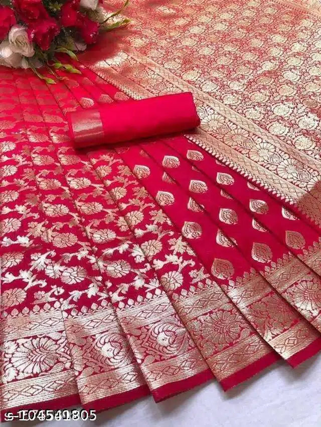 Banarasi Silk Saree With Blouse For Women (Red, 6.3M)