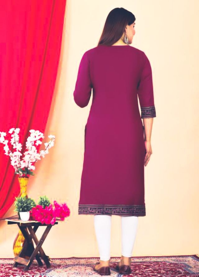 Maroon Embroidered Cotton Straight Kurta for Women