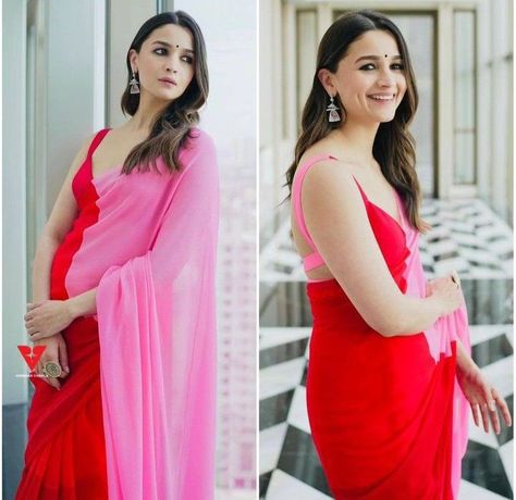 Georgette Colourblocked Saree for Women (Red & Pink, 6.3 m)
