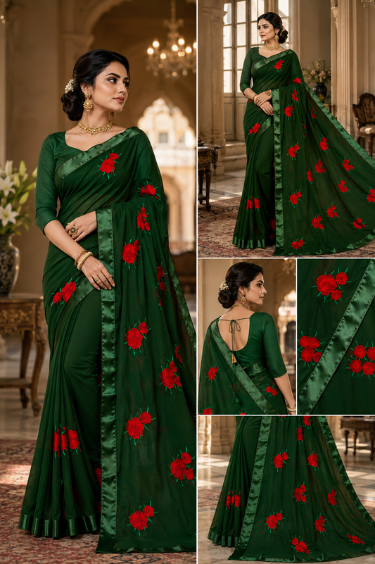 Georgette Embroidered Saree for Women (Bottle Green, 6.3 m)