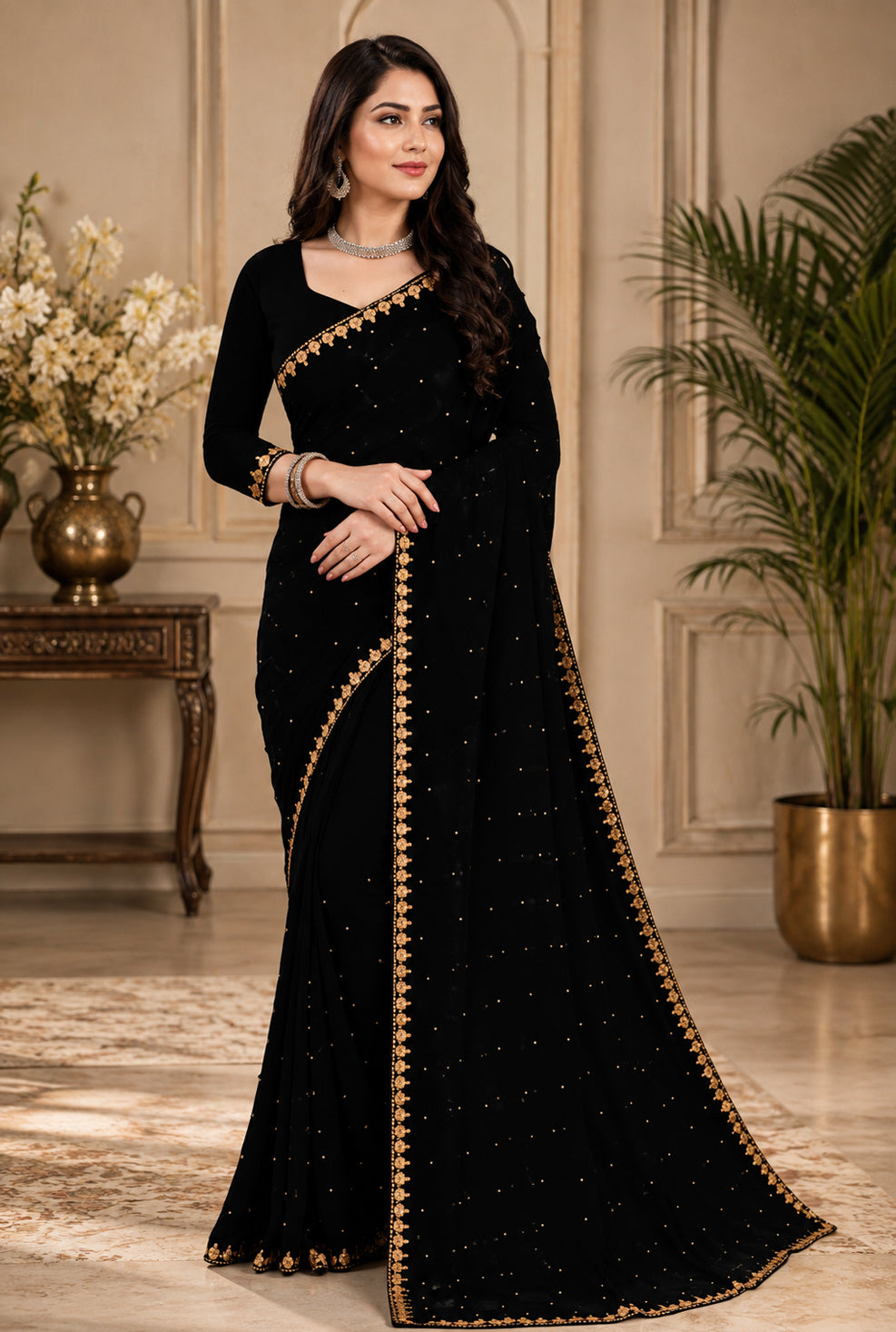 Lycra Blend Black Solid Saree