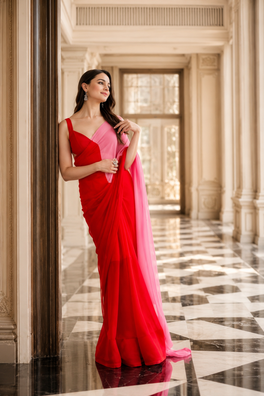 Georgette Colourblocked Saree for Women (Red & Pink, 6.3 m)