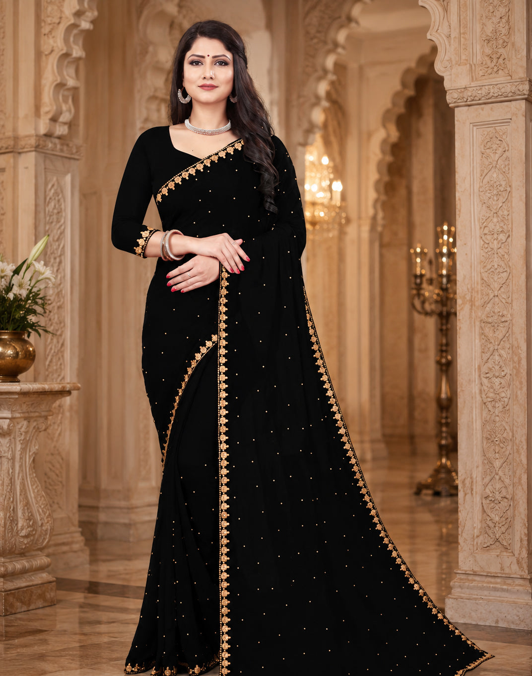 Lycra Blend Black Solid Saree