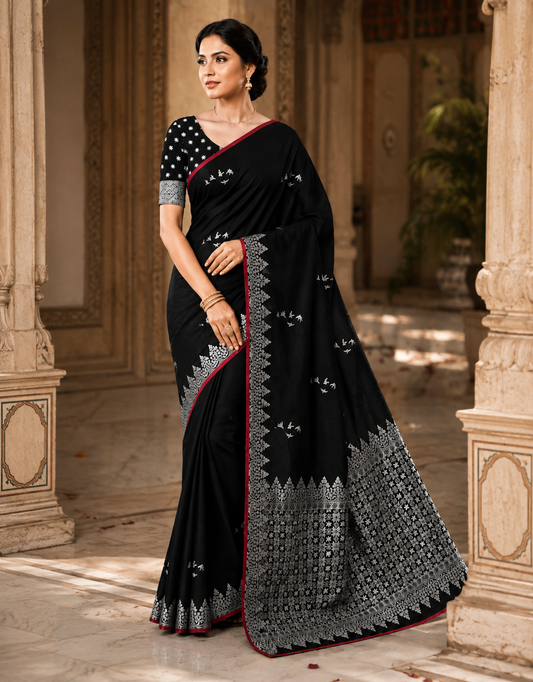 Jacquard Saree With Blouse For Women (Black, 6.3M)