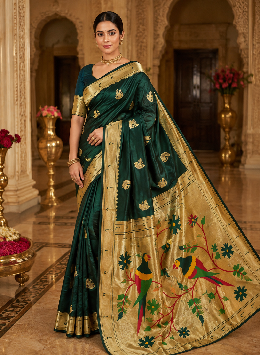 Jacquard Saree With Blouse For Women (Green, 6.3M)