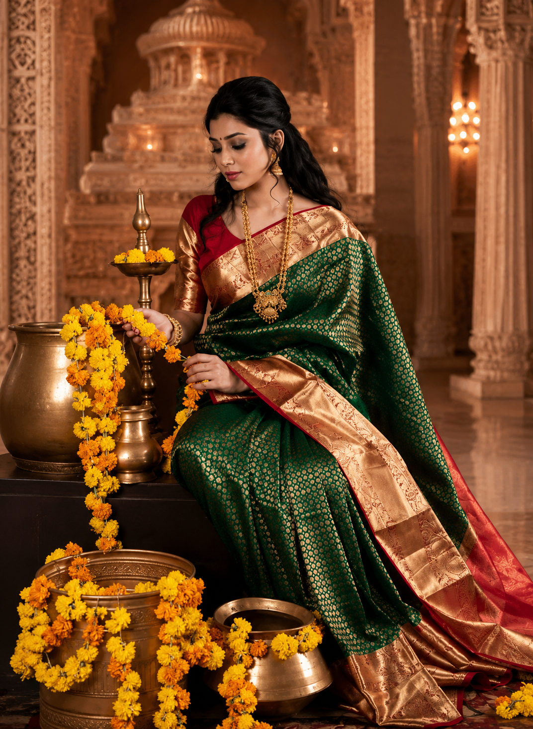 Jacquard Saree With Blouse For Women (Green, 6.3M)