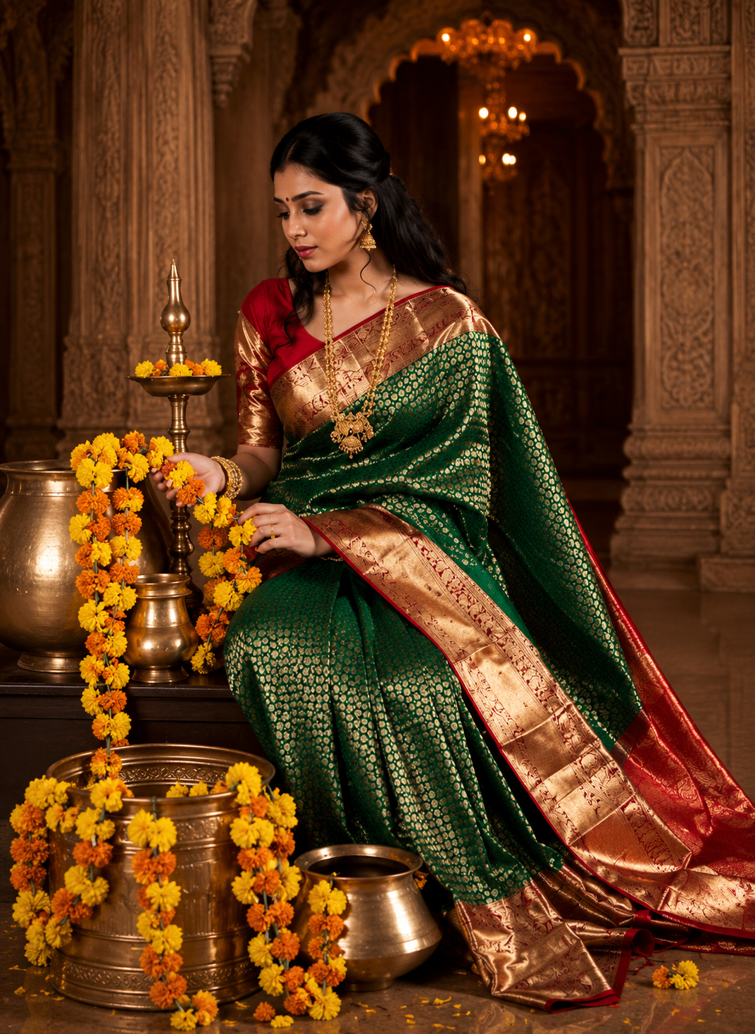 Jacquard Saree With Blouse For Women (Green, 6.3M)