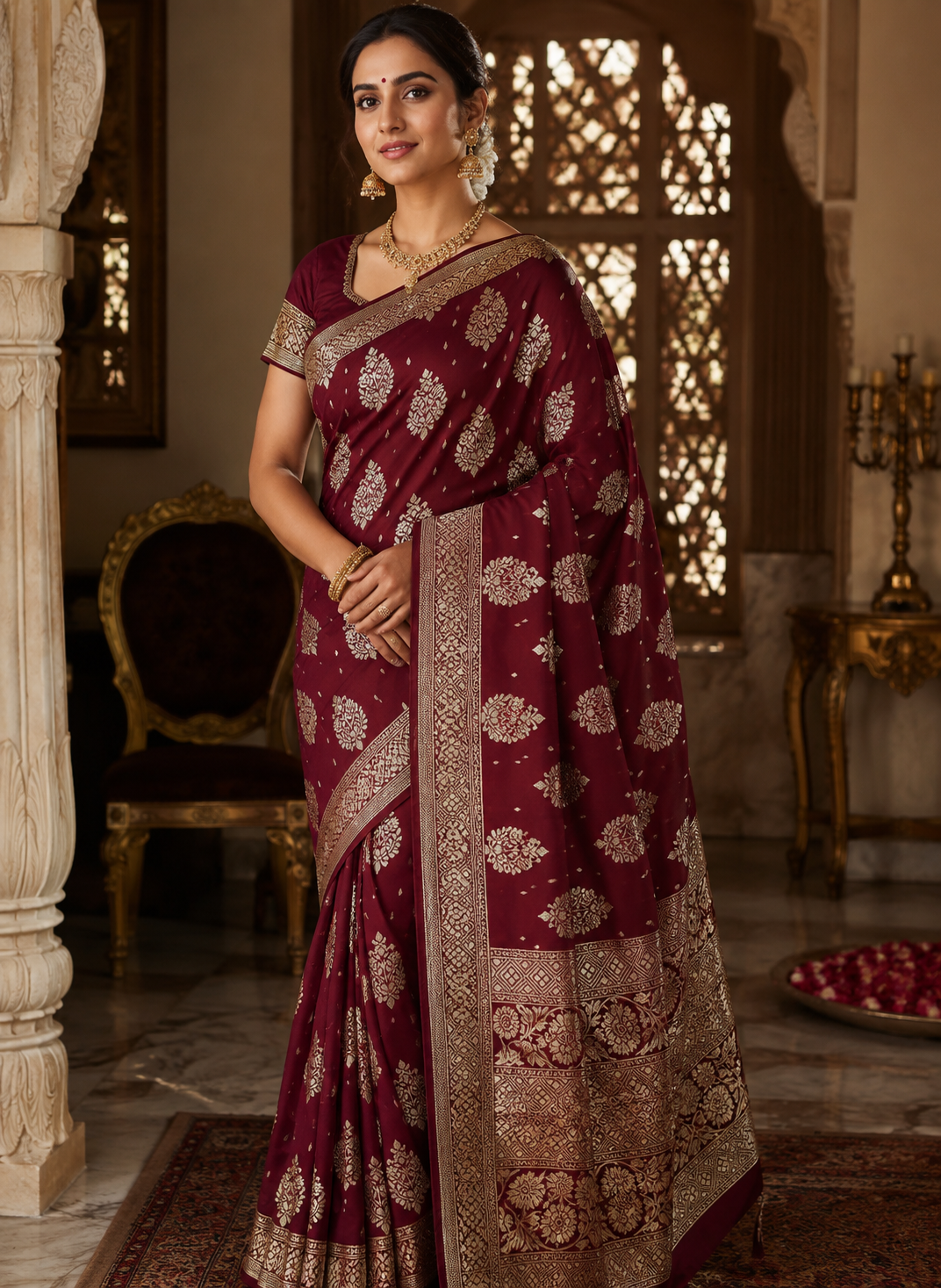 Banarasi Silk Saree With Blouse For Women (Dark Red, 6.3M)