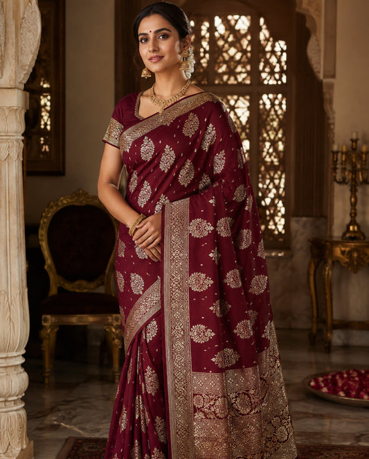 Dark Red Banarasi Silk Saree