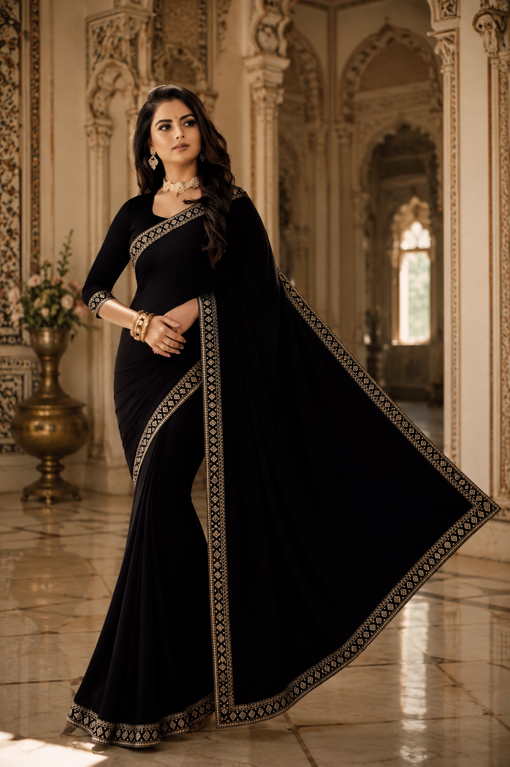 Lycra Blend Solid Saree for Women (Black, 6.3 m)