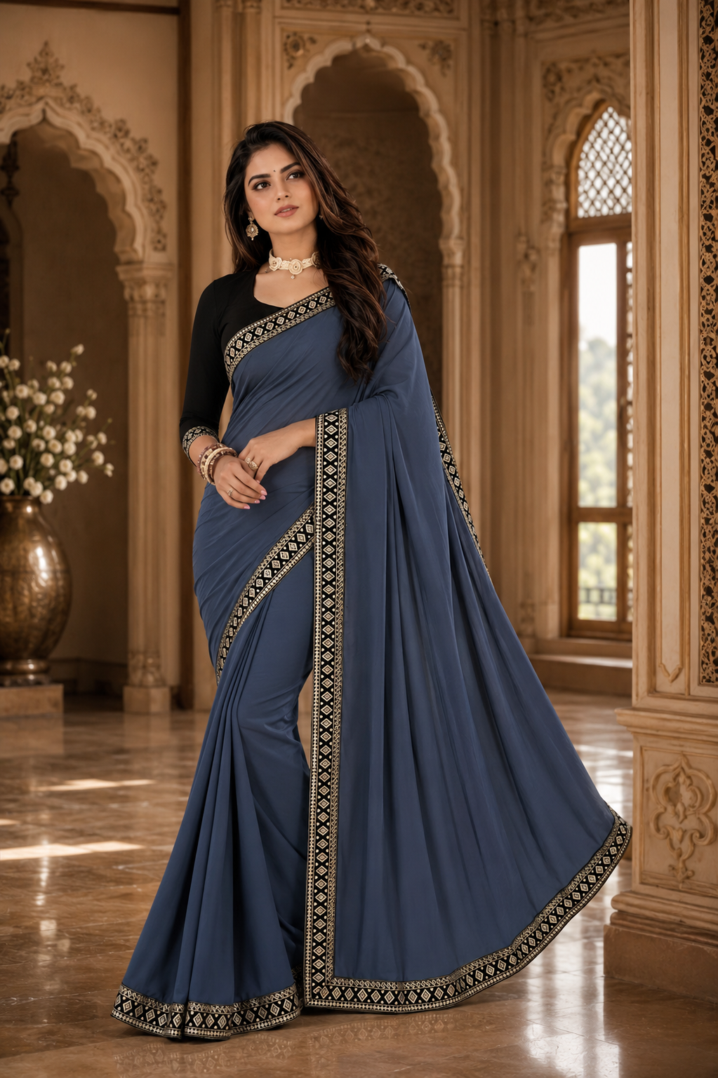 Lycra Blend Solid Saree for Women (Grey, 6.3 m)