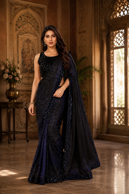 Lycra Blend Solid Saree for Women (Navy Blue, 6.3 m)