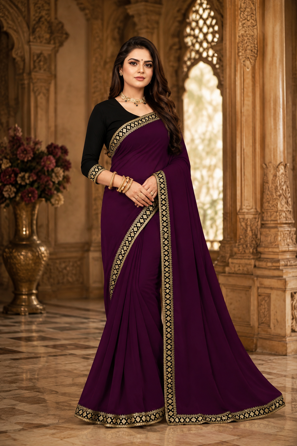 Lycra Blend Solid Saree for Women (Wine, 6.3 m)