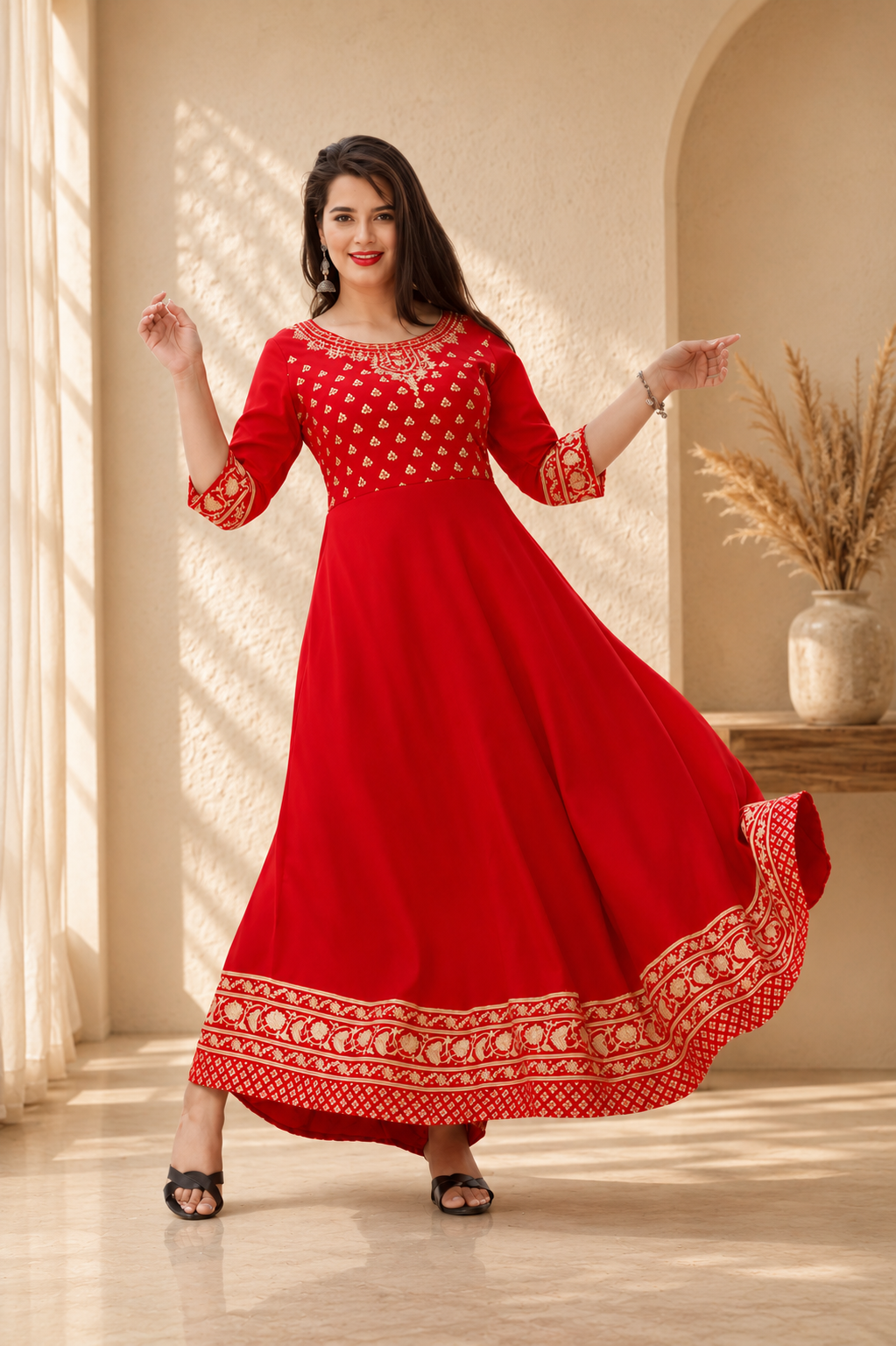 Rayon Printed Anarkali Kurti for Women (Red, S)