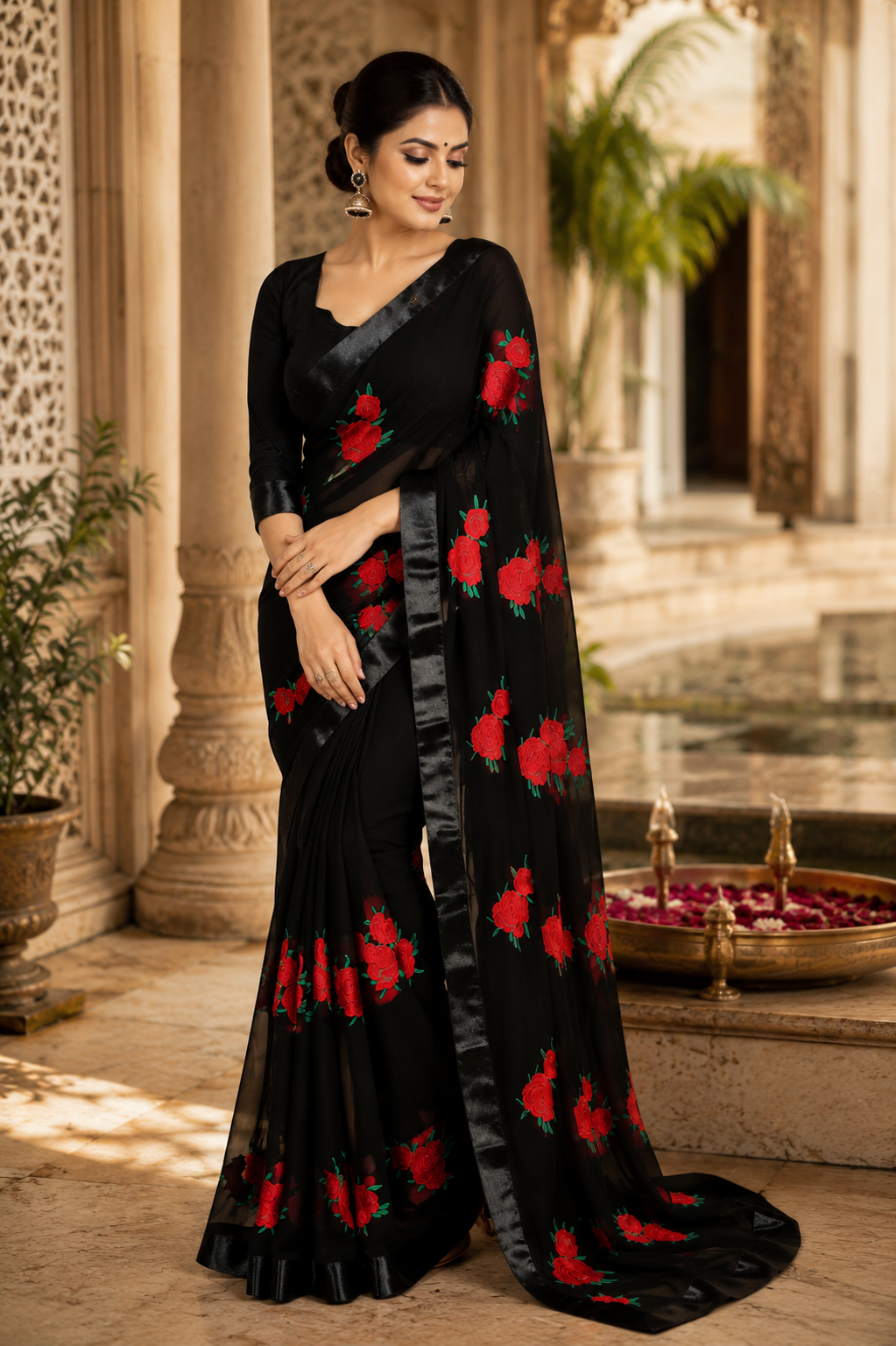 Georgette Embroidered Saree for Women (Black, 6.3 m)