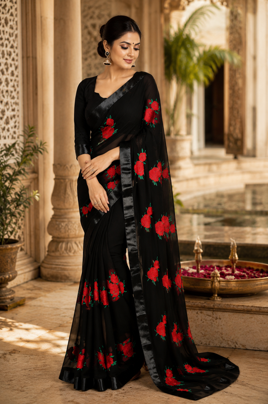 Georgette Embroidered Saree for Women (Black, 6.3 m)