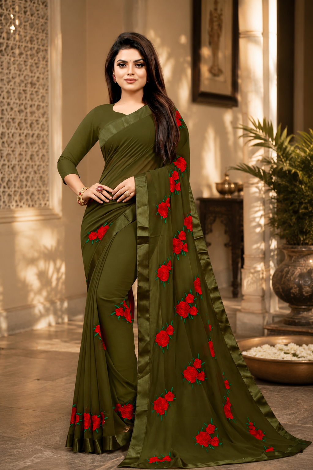 Georgette Embroidered Saree for Women (Olive, 6.3 m)