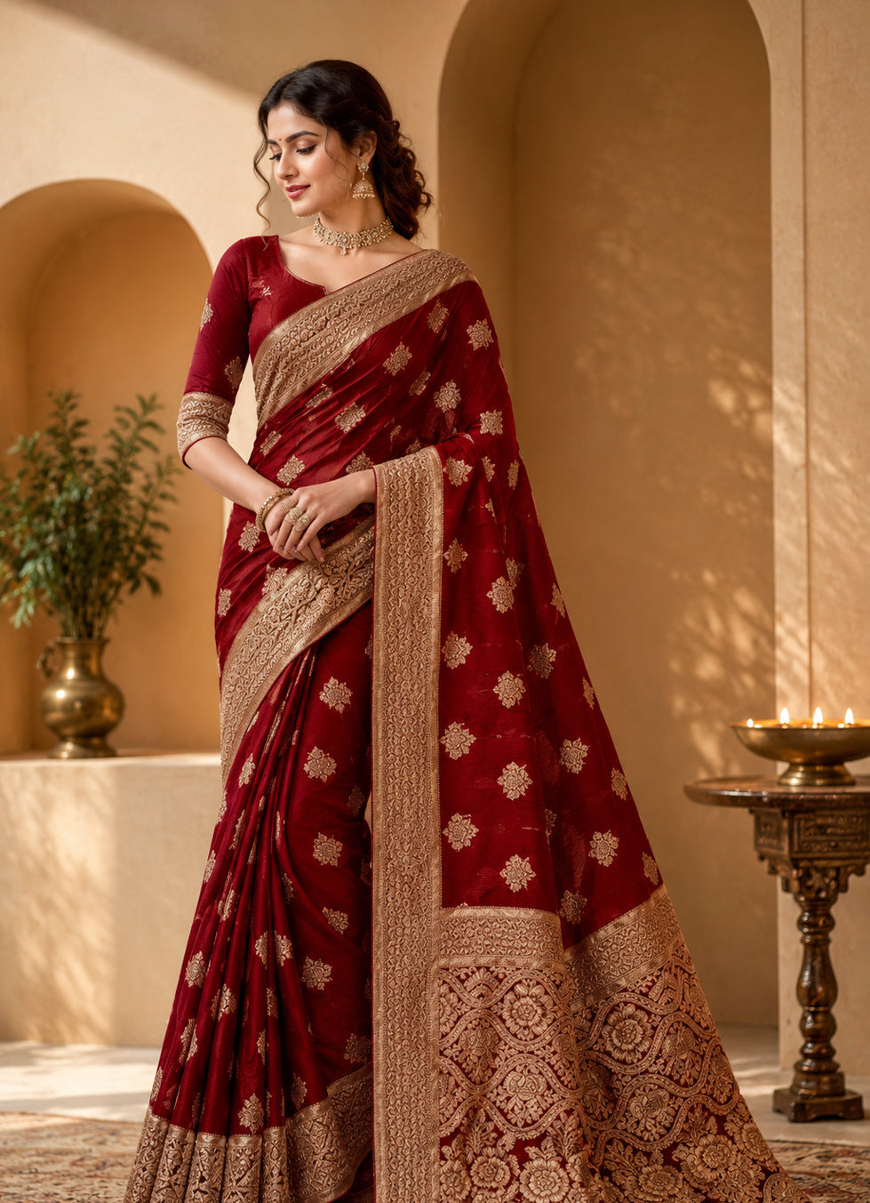 Golden Red Banarasi Silk Saree