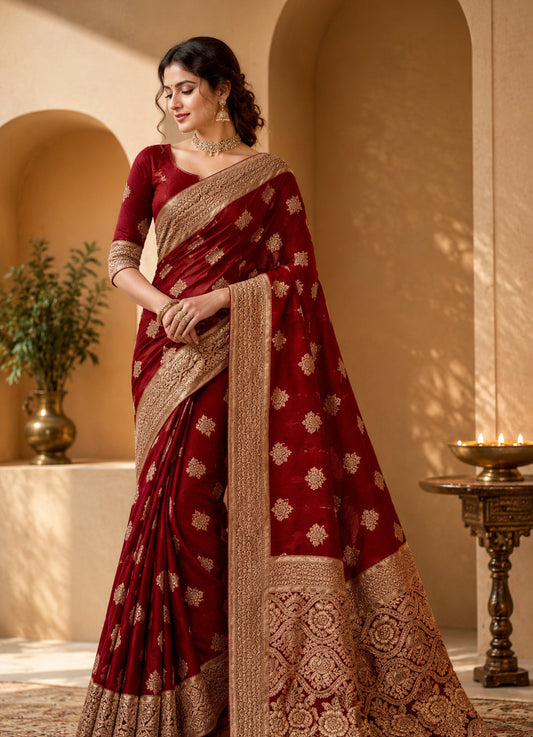 Golden Red Banarasi Silk Saree