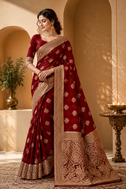 Banarasi Silk Saree With Blouse For Women (Red, 6.3M)