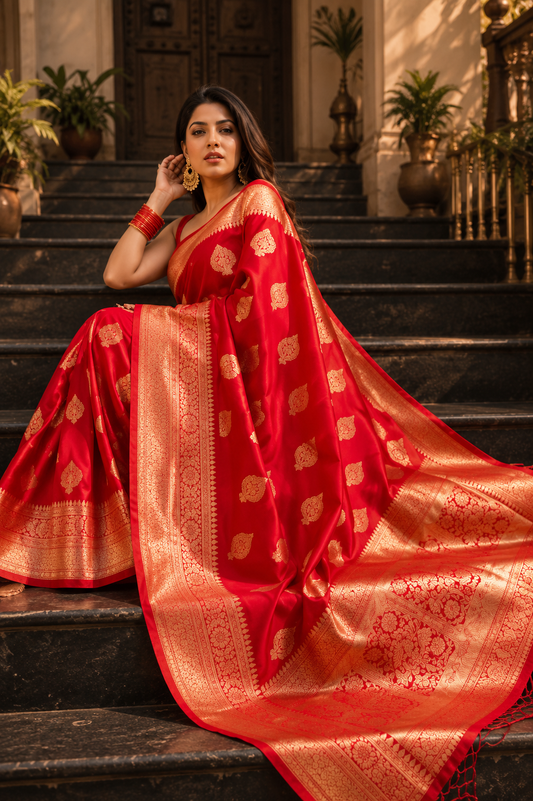 Jacquard Printed Saree for Women (Red, 6.3 m)