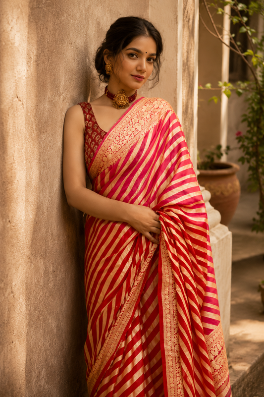 Jacquard Striped Saree for Women (Red, 6.3 m)