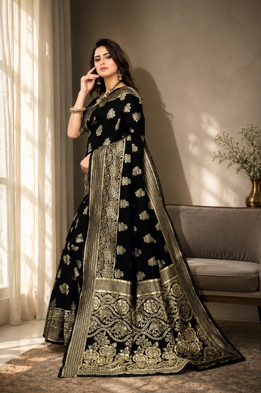 Black Jacquard Foil Printed Saree