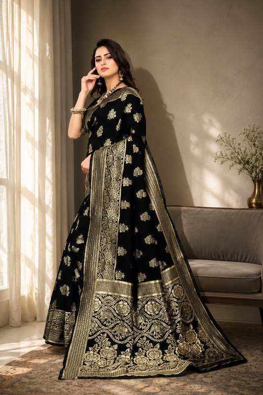 Jacquard Foil Printed Saree for Women (Black, 6.3 m)
