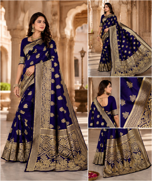 Navy Blue Jacquard Foil Printed Saree
