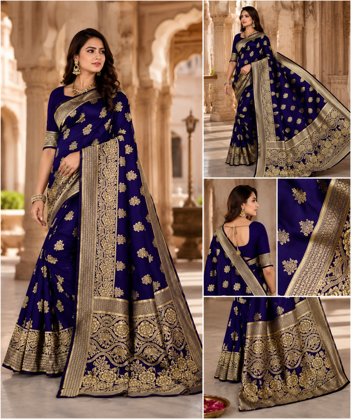 Jacquard Foil Printed Saree for Women (Navy Blue, 6.3 m)
