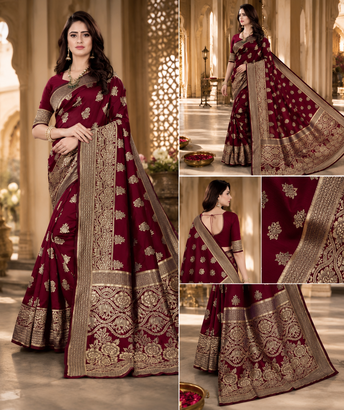 Jacquard Foil Printed Saree for Women (Maroon, 6.3 m)