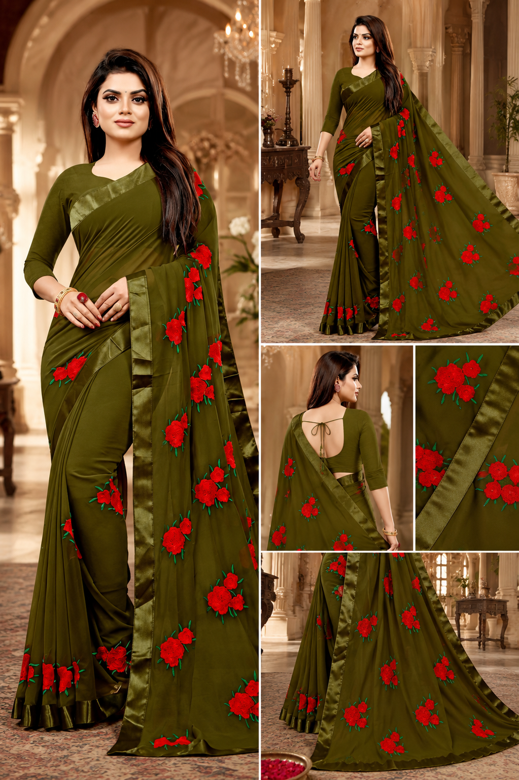 Georgette Embroidered Saree for Women (Olive, 6.3 m)