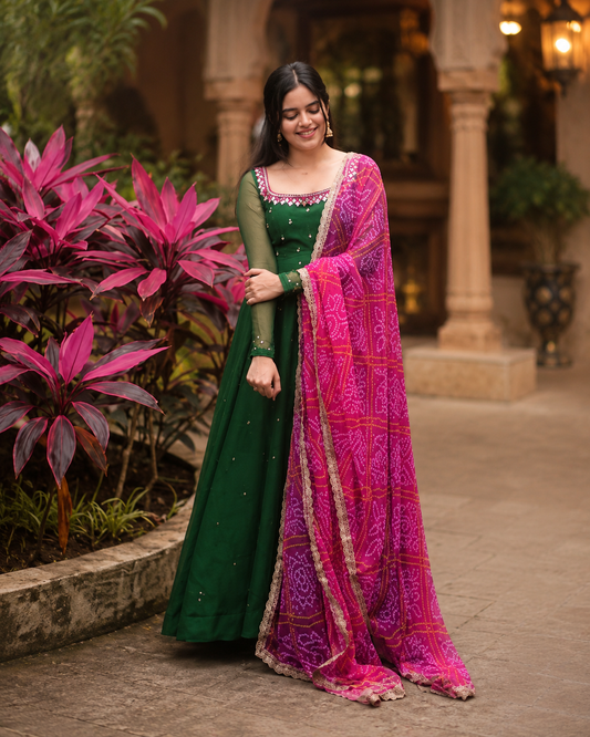 Women'S Solid Georgette Gown Kurta With Dupatta, Long Kurti Ethnic Dress Set For All Occasions