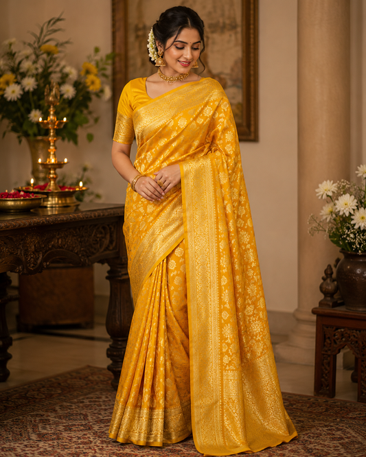 Banarasi Silk Saree With Blouse For Women (Yellow, 6.3M)
