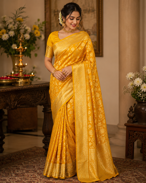 Banarasi Silk Saree With Blouse For Women (Yellow, 6.3M)